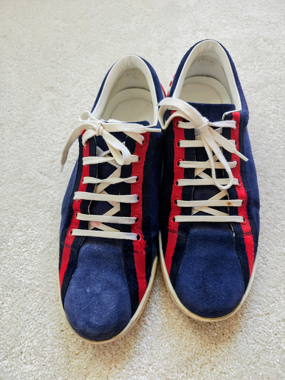 Gucci Navy Suede Sneakers with Red Stripe